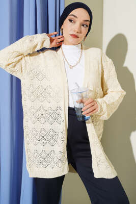 Baklava Desenli Ajurlu Triko Hırka Bej - VANİZA TRİKO