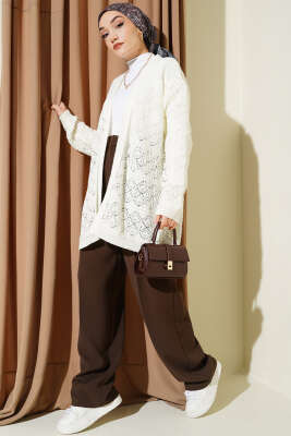 Baklava Desenli Ajurlu Triko Hırka Ekru - Hırka