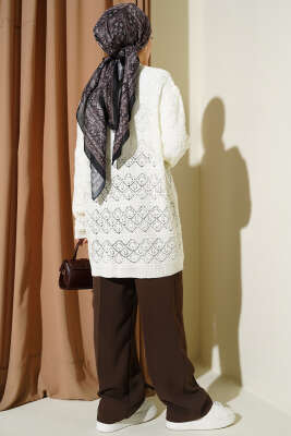 Baklava Desenli Ajurlu Triko Hırka Ekru - Hırka