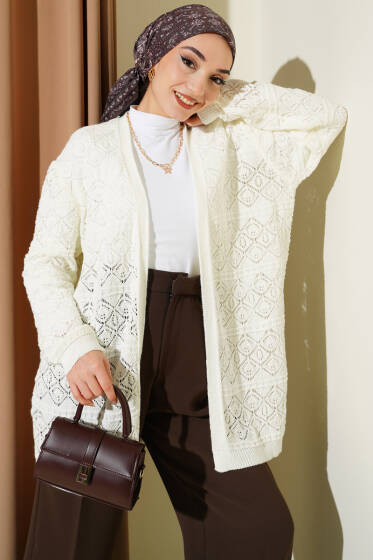 Baklava Desenli Ajurlu Triko Hırka Ekru - Yılın Fırsatı