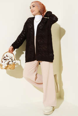 Baklava Desenli Ajurlu Triko Hırka Kahve - Hırka