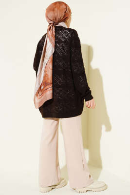 Baklava Desenli Ajurlu Triko Hırka Kahve - Hırka