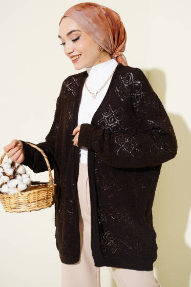 Baklava Desenli Ajurlu Triko Hırka Kahve - Yılın Fırsatı