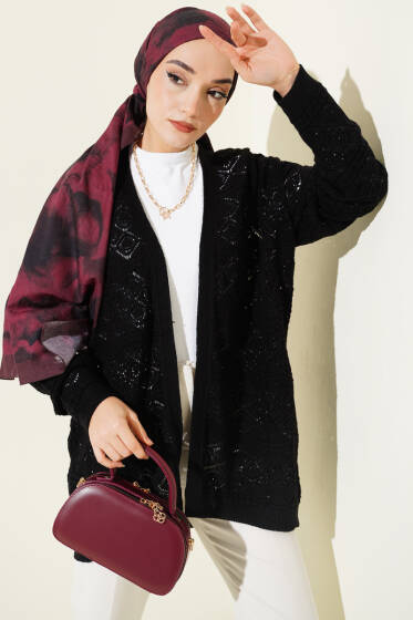 Baklava Desenli Ajurlu Triko Hırka Siyah - Hırka