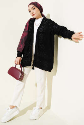 Baklava Desenli Ajurlu Triko Hırka Siyah - Hırka