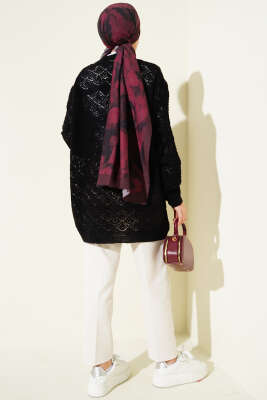 Baklava Desenli Ajurlu Triko Hırka Siyah - Hırka