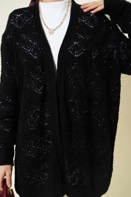 Baklava Desenli Ajurlu Triko Hırka Siyah - Hırka