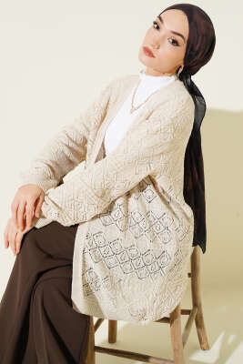 Baklava Desenli Ajurlu Triko Hırka Taş - VANİZA TRİKO