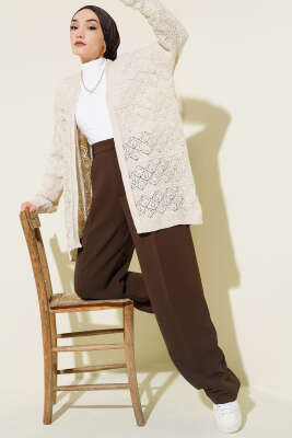 Baklava Desenli Ajurlu Triko Hırka Taş - Hırka