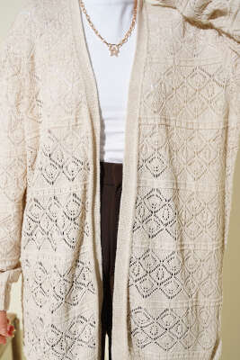 Baklava Desenli Ajurlu Triko Hırka Taş - Hırka