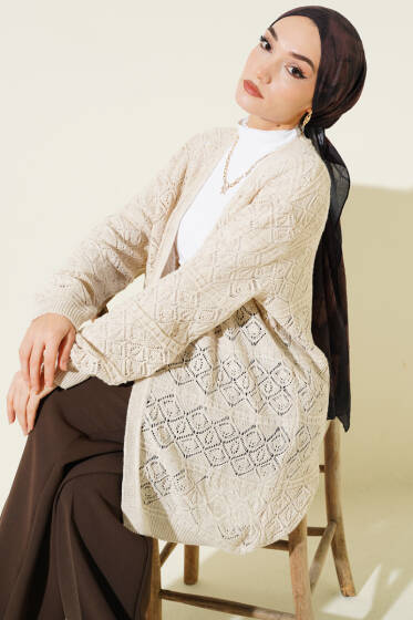 Baklava Desenli Ajurlu Triko Hırka Taş - Yılın Fırsatı