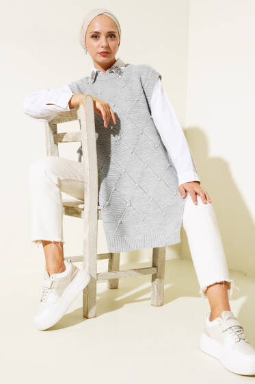 Baklava Desenli Bağlamalı Triko Süveter Gri - Yeni Tesettür Giyim