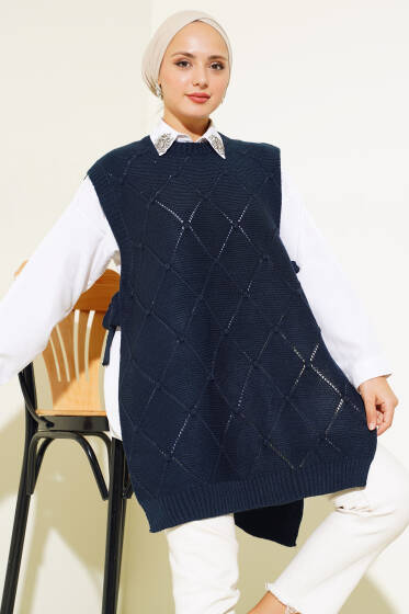 Baklava Desenli Bağlamalı Triko Süveter Lacivert - Yeni Tesettür Giyim