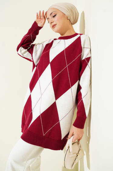 Baklava Desenli Basic Triko Tunik Bordo - Tunik
