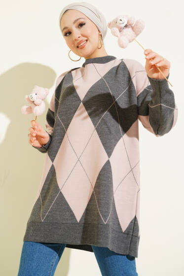 Baklava Desenli Basic Triko Tunik Füme - Tunik