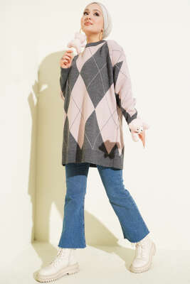 Baklava Desenli Basic Triko Tunik Füme - Tunik