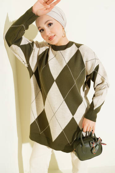 Baklava Desenli Basic Triko Tunik Haki - Tunik