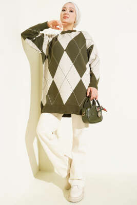 Baklava Desenli Basic Triko Tunik Haki - Tunik