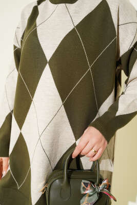 Baklava Desenli Basic Triko Tunik Haki - Tunik