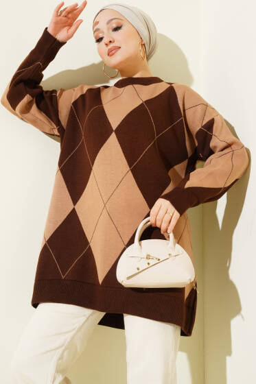 Baklava Desenli Basic Triko Tunik Kahve - Tunik