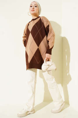 Baklava Desenli Basic Triko Tunik Kahve - Tunik