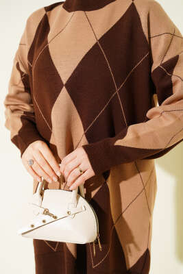 Baklava Desenli Basic Triko Tunik Kahve - Tunik