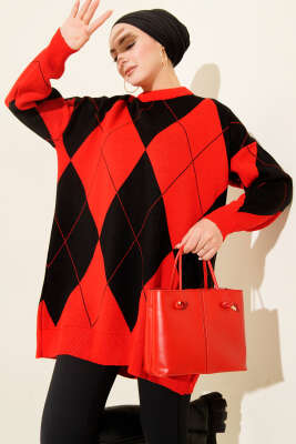 Baklava Desenli Basic Triko Tunik Kırmızı - RAFİMİX