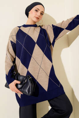 Baklava Desenli Basic Triko Tunik Saks