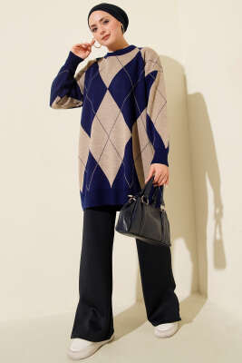 Baklava Desenli Basic Triko Tunik Saks - ÇOK SATANLAR