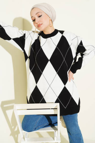 Baklava Desenli Basic Triko Tunik Siyah - Tunik