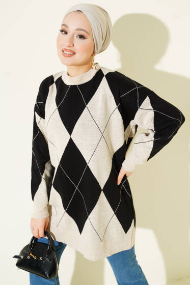 Baklava Desenli Basic Triko Tunik Taş - Tunik