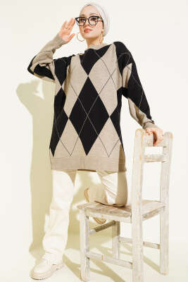 Baklava Desenli Basic Triko Tunik Vizon - Tunik