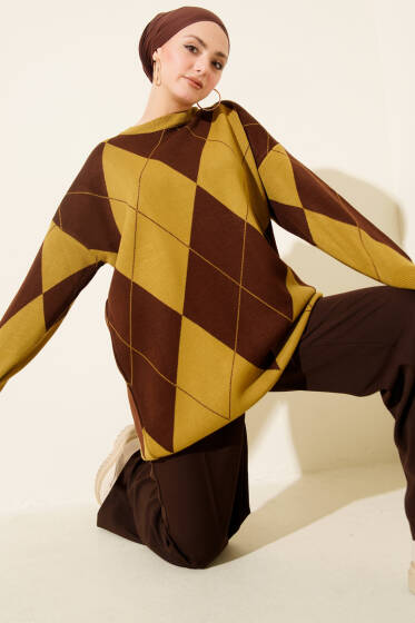 Baklava Desenli Basic Triko Tunik Yağ Yeşili - Günün Seçilenleri