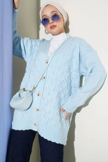 Baklava Desenli Düğmeli Triko Hırka Bebe Mavi - Hırka