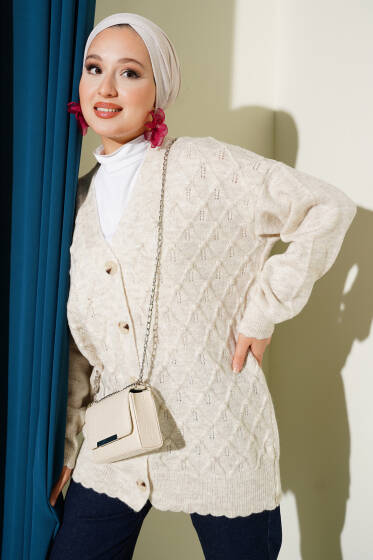 Baklava Desenli Düğmeli Triko Hırka Bej - Hırka