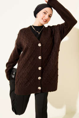 Baklava Desenli Düğmeli Triko Hırka Kahve - VANİZA TRİKO