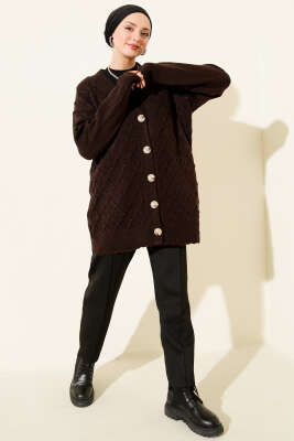 Baklava Desenli Düğmeli Triko Hırka Kahve - Hırka