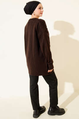 Baklava Desenli Düğmeli Triko Hırka Kahve - Hırka