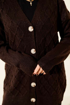 Baklava Desenli Düğmeli Triko Hırka Kahve - Hırka