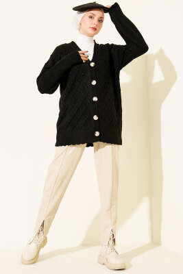 Baklava Desenli Düğmeli Triko Hırka Siyah - Hırka