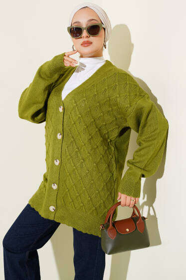 Baklava Desenli Düğmeli Triko Hırka Yağ Yeşili - Hırka