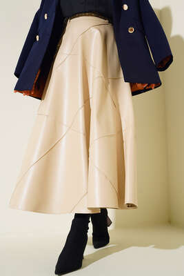 Baklava Desenli Kemerli Deri Etek Bej - Uzun Etek