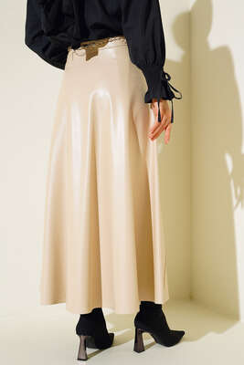 Baklava Desenli Kemerli Deri Etek Bej - Uzun Etek