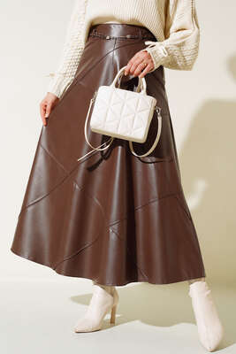 Baklava Desenli Kemerli Deri Etek Kahve - Uzun Etek