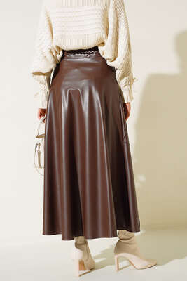 Baklava Desenli Kemerli Deri Etek Kahve - Uzun Etek