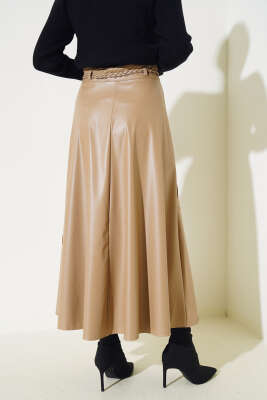 Baklava Desenli Kemerli Deri Etek Latte - Uzun Etek