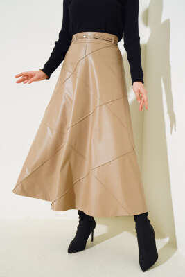 Baklava Desenli Kemerli Deri Etek Latte - Uzun Etek