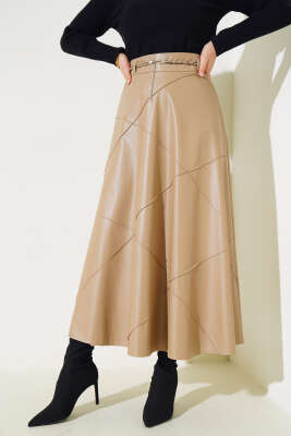 Baklava Desenli Kemerli Deri Etek Latte 