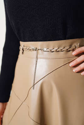 Baklava Desenli Kemerli Deri Etek Latte - Uzun Etek