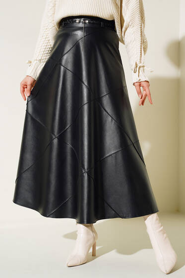 Baklava Desenli Kemerli Deri Etek Siyah - Etek